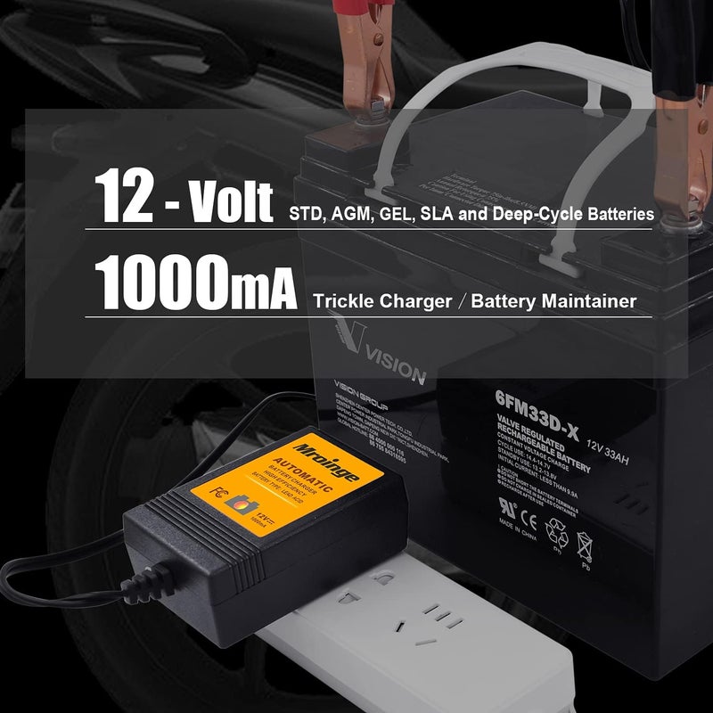 Mroinge Trickle Charger 12V 1000mA Smart Battery Charger & Maintainer and Automatic Float Charger for Motorcycle, ATV, Lawnmowers and More - Image 2